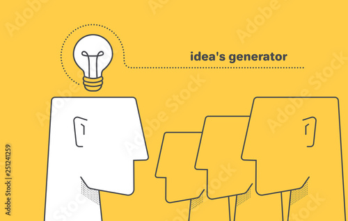 flat vector image in a linear style on a yellow background, a man's head and a light bulb, business idea