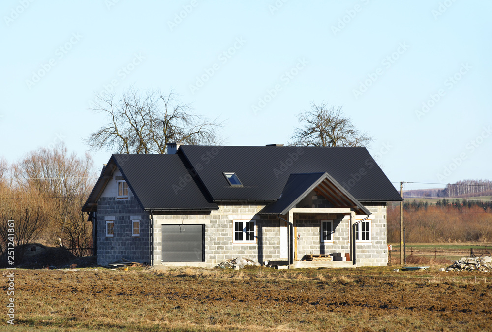 Obraz premium The project of a modern villa. Project of a small villa with clear walls and a brown roof. Rear and front courtyard of a private territory. Mastering new land and building
