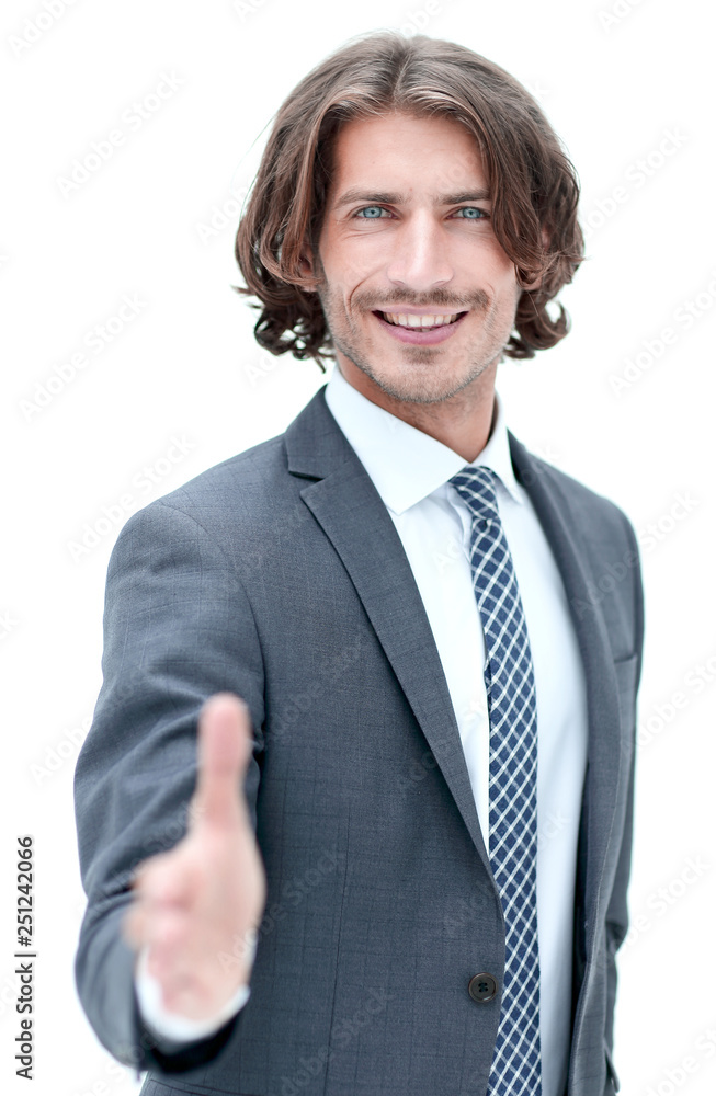 Businessman offering handshake to you on white background Businessman offering handshake to you on white background