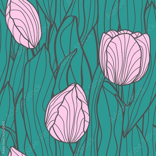 Vector seamless pattern of hand drawn leaves and tulips