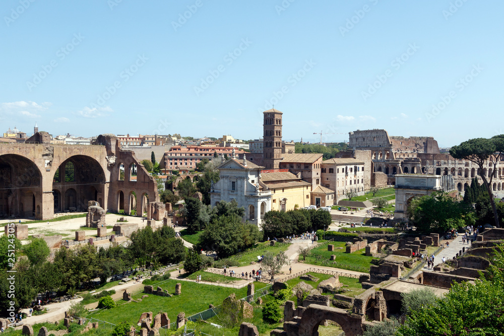 Wide angle view of the Roman Forum, with the The Basilica of Maxentius and Constantine, sometimes known as the Basilica Nova prominent in the picture 