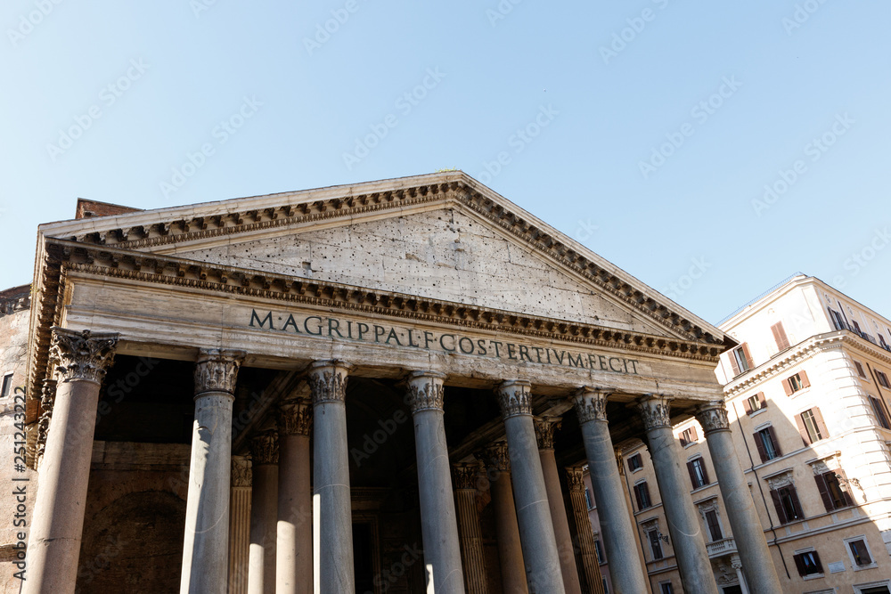 The facade of the Pantheon, Rome, Italy