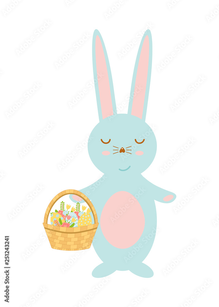 Obraz premium Happy Easter bunny holding basket with eggs and spring flowers. Cute rabbit vector cartoon character