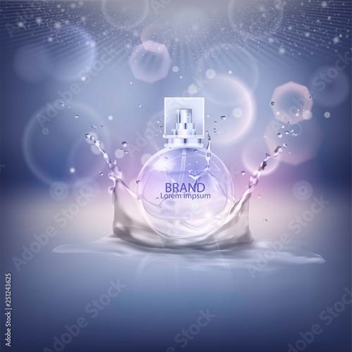 Vector illustration of a realistic style perfume in a glass bottle. Great advertising poster for promoting a new fragrance.