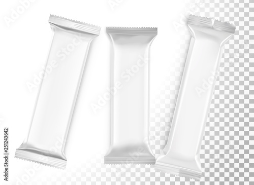Flow pack mockups isolated on transparent background. Vector illustration. Front view. Taking your 2D designs into 3D. Can be use for food, cosmetic, medicine and other. EPS10. 