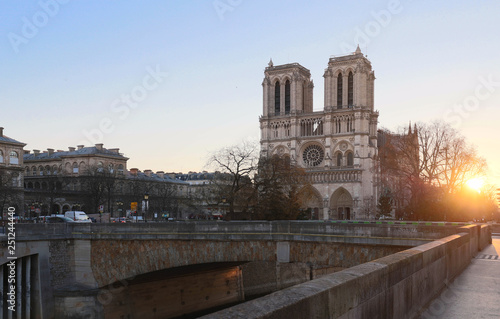 The Notre Dame Cathedral at sunrise , Paris, France.