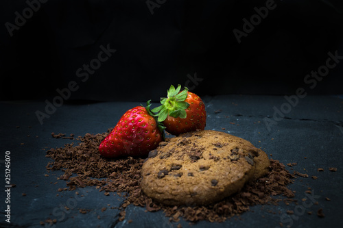 Strawberries with chocolate cookie black board