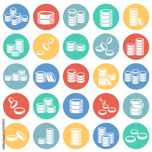 Coin icons set on color circles white background for graphic and web design, Modern simple vector sign. Internet concept. Trendy symbol for website design web button or mobile app