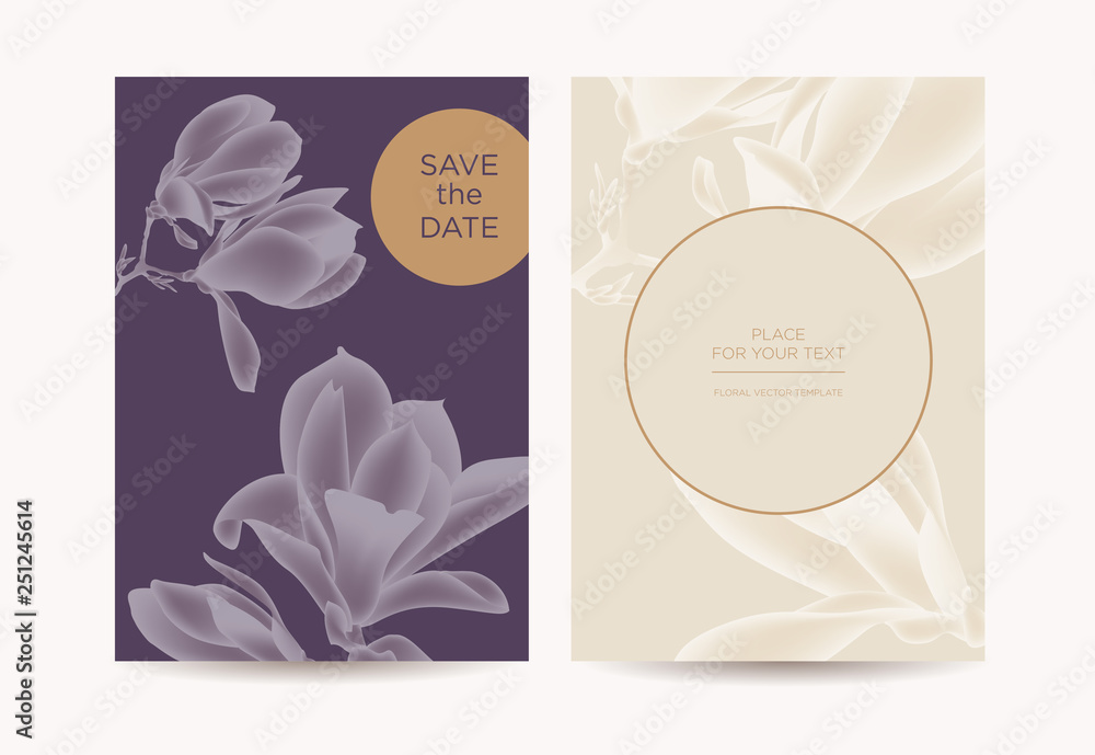 Postcard in the botanical style. Magnolia flowers and buds on blue background. Template design can be used for wedding invitations, restaurants, spas, beauty salons.