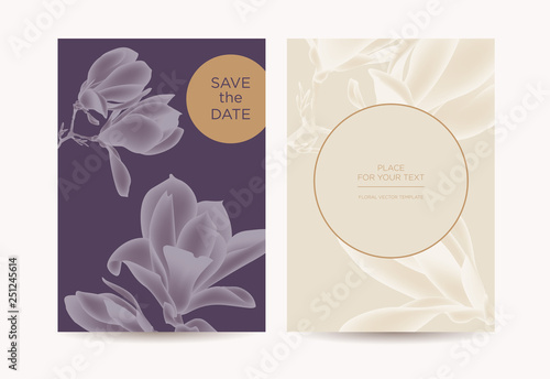 Postcard in the botanical style. Magnolia flowers and buds on blue background. Template design can be used for wedding invitations, restaurants, spas, beauty salons.