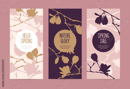Set of spring cards or banners with the branches of a blossoming magnolia. Flowers, buds and branches of magnolia on a pink background. It can be used as a template for packaging, invitation cards, co