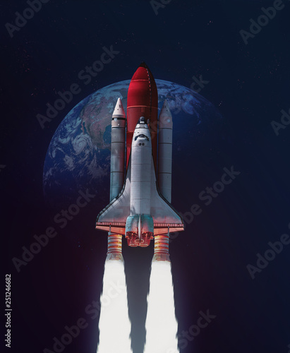 Fototapeta Naklejka Na Ścianę i Meble -  Space shuttle take off in outer space from Earth. Rocket on orbit of the planet. Elements of this image furnished by NASA