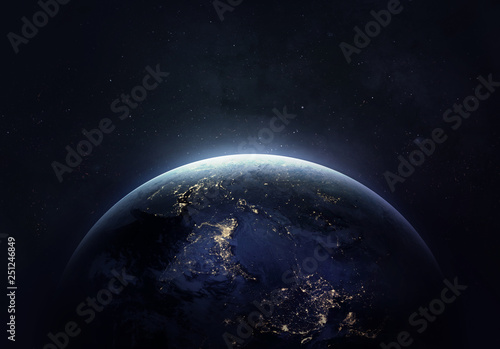 Fototapeta Naklejka Na Ścianę i Meble -  Nightly Earth in the outer space collage. Abstract wallpaper. City lights on planet. Civilization. Elements of this image furnished by NASA