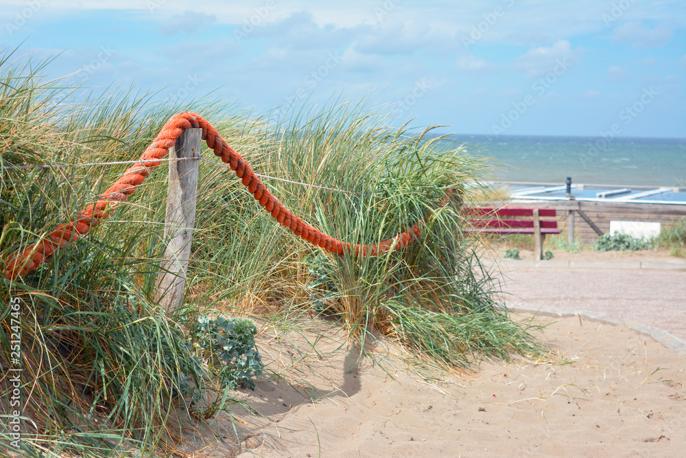 Red rope barrier on wooden poles in front of grass on sand beach with ocean in background Red rope barrier on wooden poles in front of grass on sand beach with ocean in background