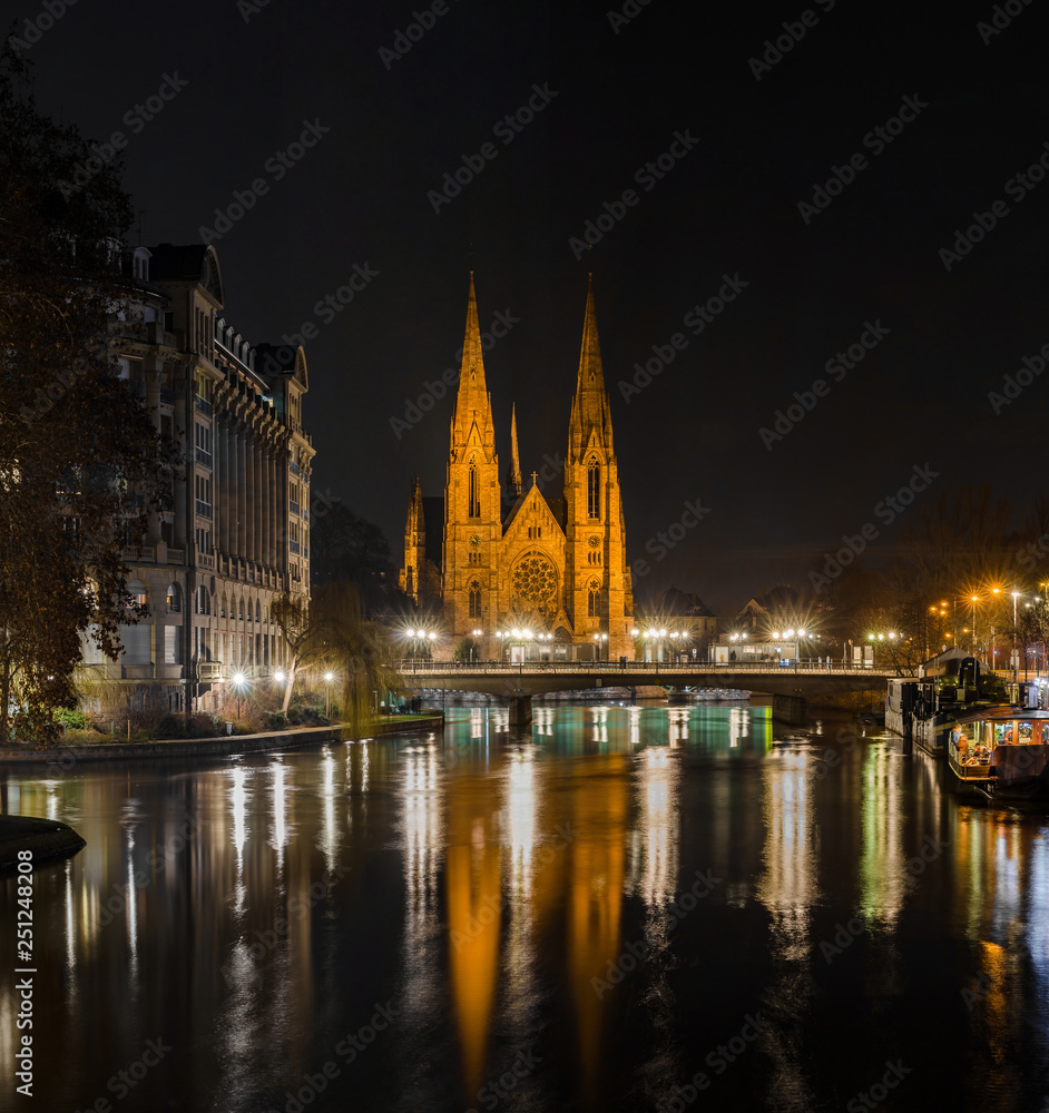 Beautiful Saint Paul church in Strasbourg highlighted at night