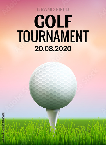 Golf tournament poster template flyer. Golf ball on green grass for competition. Sport club vector design