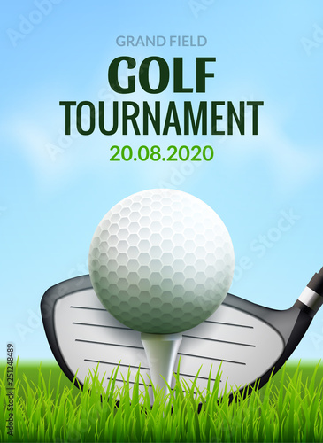 Golf tournament poster template flyer. Golf ball on green grass for competition. Sport club vector design