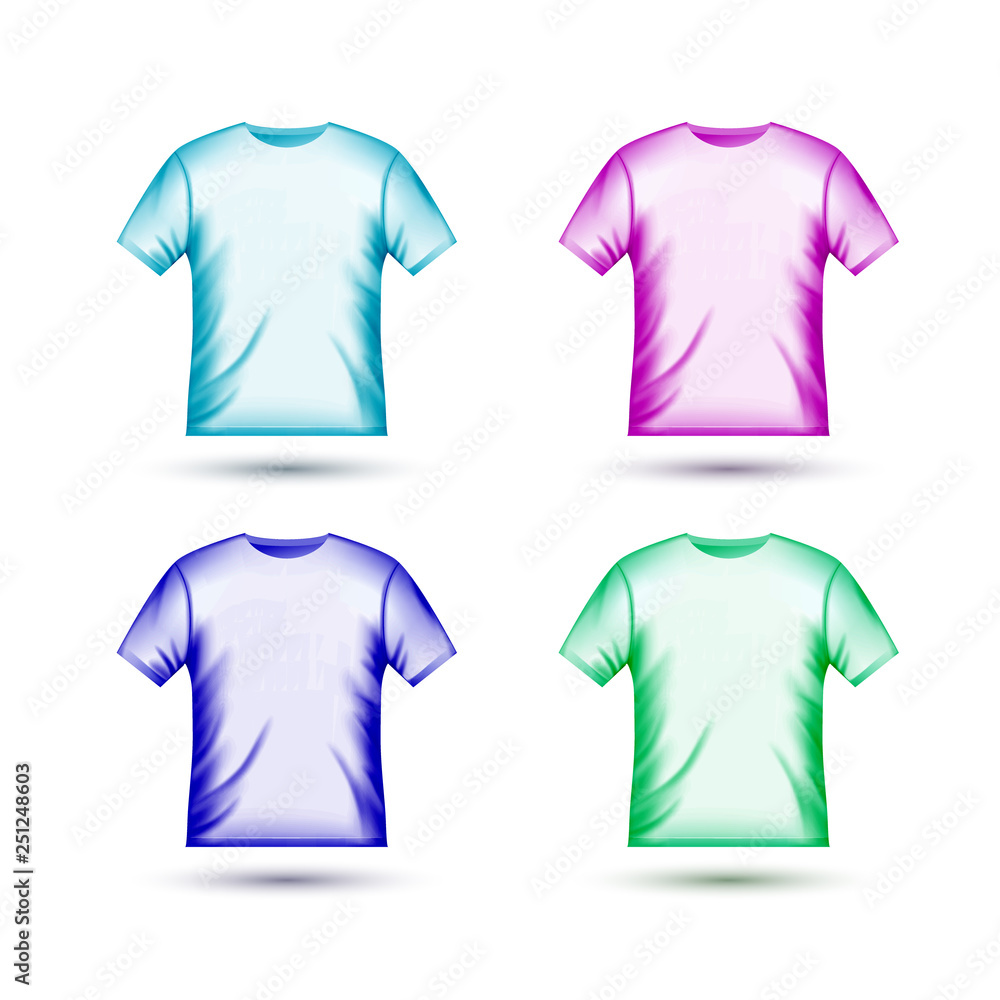 Vettoriale Stock Blank t-shirt template clothing fashion. Orange, red,  green and blue shirt design with sleeve cotton uniform | Adobe Stock