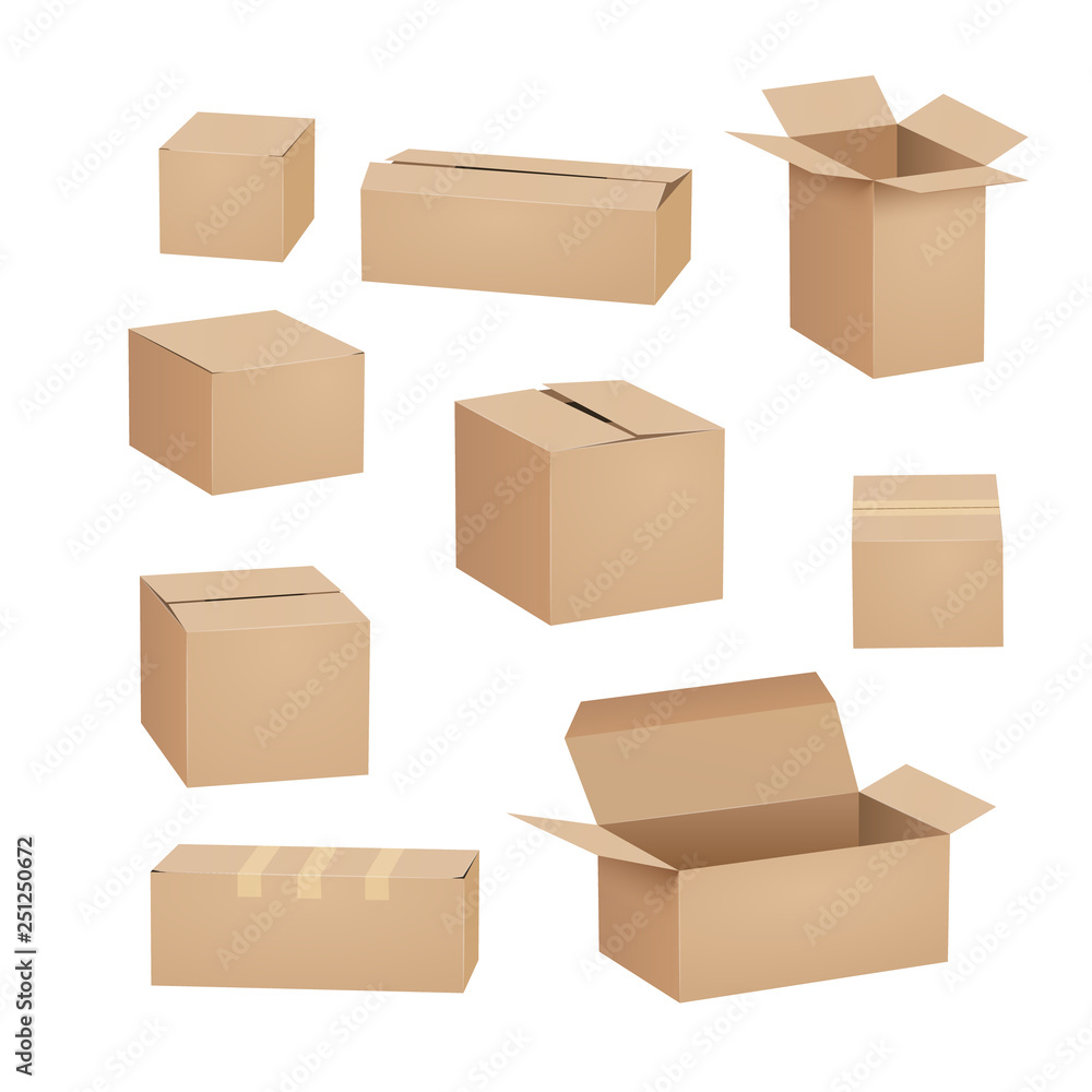 Vecteur Stock Cardboard box carton package set. Shipping delivery box  mockup cargo design open cardboard parcel | Adobe Stock