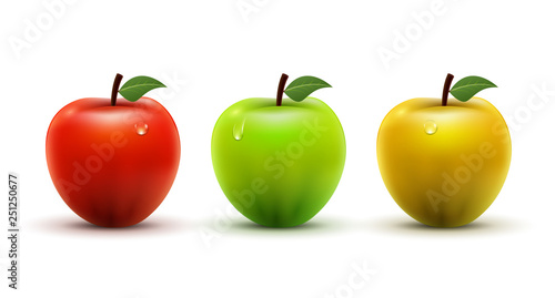 Apple realistic isolated green yellow and red apple fruit. Fresh health juicy fruit and leaf