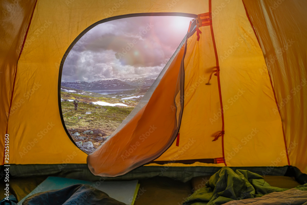 Hiking travel concept. View from tent - beautiful landscape of mountain nature