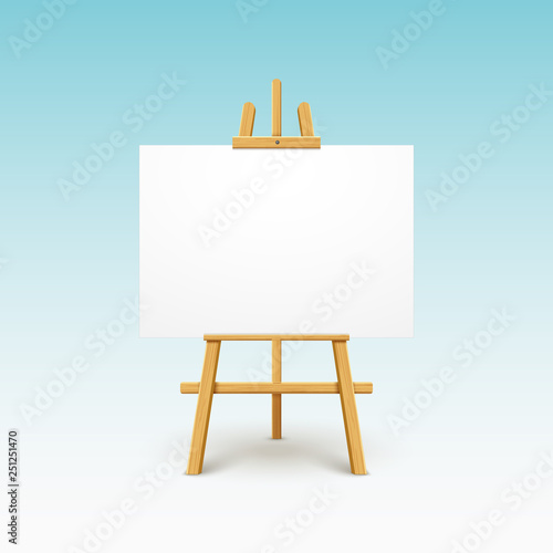 Wooden easel canvas board isolated stand. Blank empty vector easel poster billboard