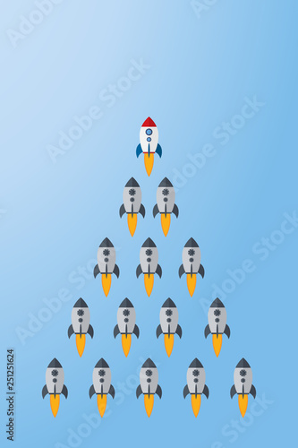 Red rocket as a leader among others, leadership, teamwork, motivation, stand out of the crowd concept, EPS10 vector