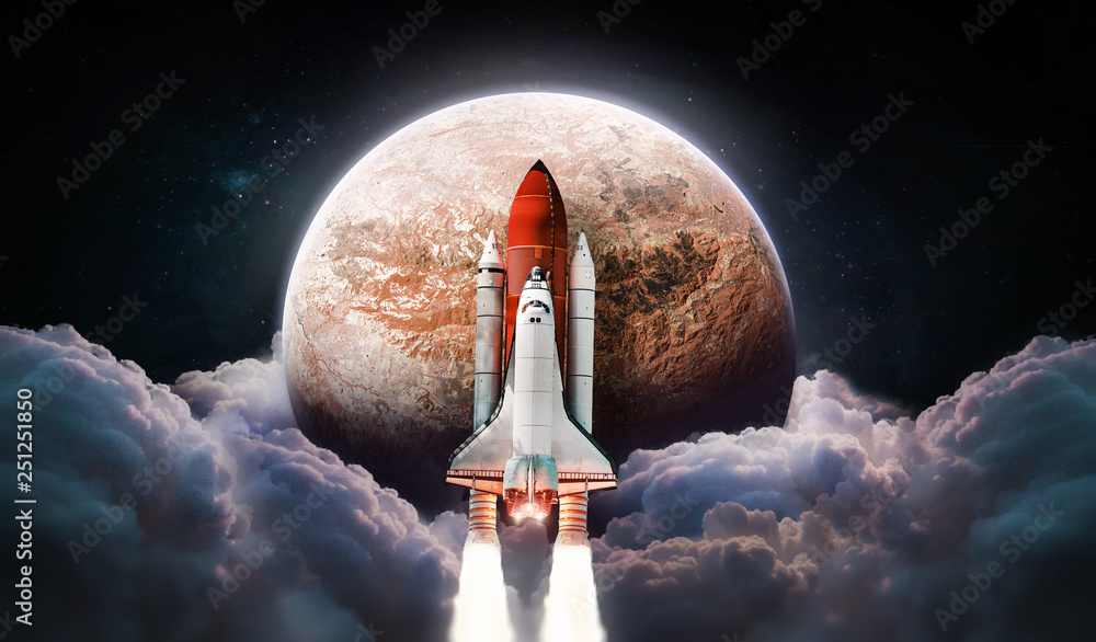 Obraz premium Rakieta w pobliżu czerwonej planety Mars z chmurami i przestrzenią na tle. Prom kosmiczny. Kolonizacja i eksploracja kosmosu. Elementy tego zdjęcia dostarczone przez NASA.