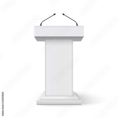 Tribune podium rostrum speech stand. Conference stage with microphone, press or debate speaker isolated orator pulpit