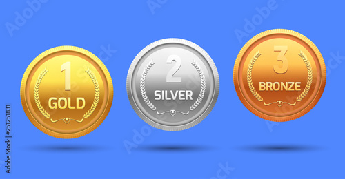 Medal award winner gold bronze and silver. Trophy champion honor reward achievement prize