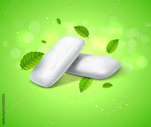 Vector chewing gum and green mint for fresh breath. Dental health background