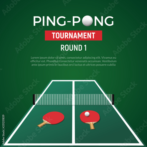Ping pont tennis tournament poster background. Ping pong table with ball racket championship green illustration