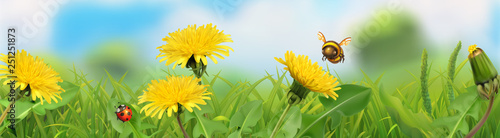 Spring landscape. Green grass and yellow dandelions. 3d vector horizontal panorama