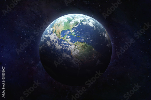 Planet Earth in outer space. Blue marble. Civilization. Continent America and pacific ocean on surface. Elements of this image furnished by NASA
