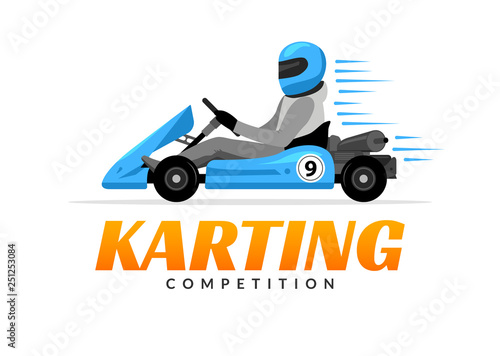 Kart driver sport logo icon. Karting racing isolated, Man drive kart in helmet background design