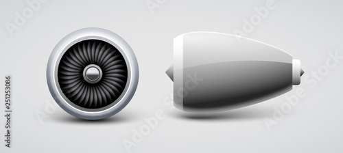 Jet turbine, engine plane vector isolated. Aircraft turbo blade motor. Airplane front side view engine