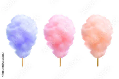 Vector realistic cotton candies on a stick isolated on white background.