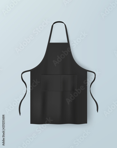 Black blank kitchen cotton apron isolated vector illustration. Realistic image photo