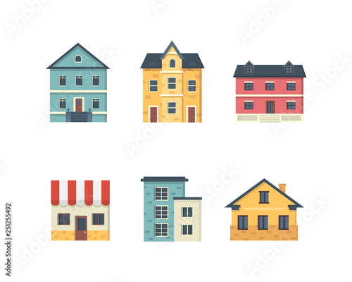 suburban private houses. House exterior. Vector urban building icons set.