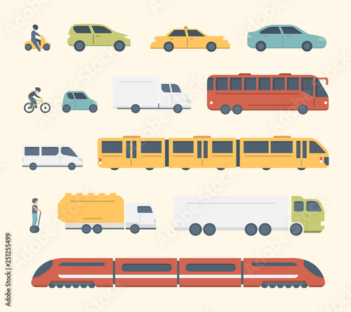 Different kinds of city and intercity public transport. Set transportation vector illustration. Car, bus and truck Icons.