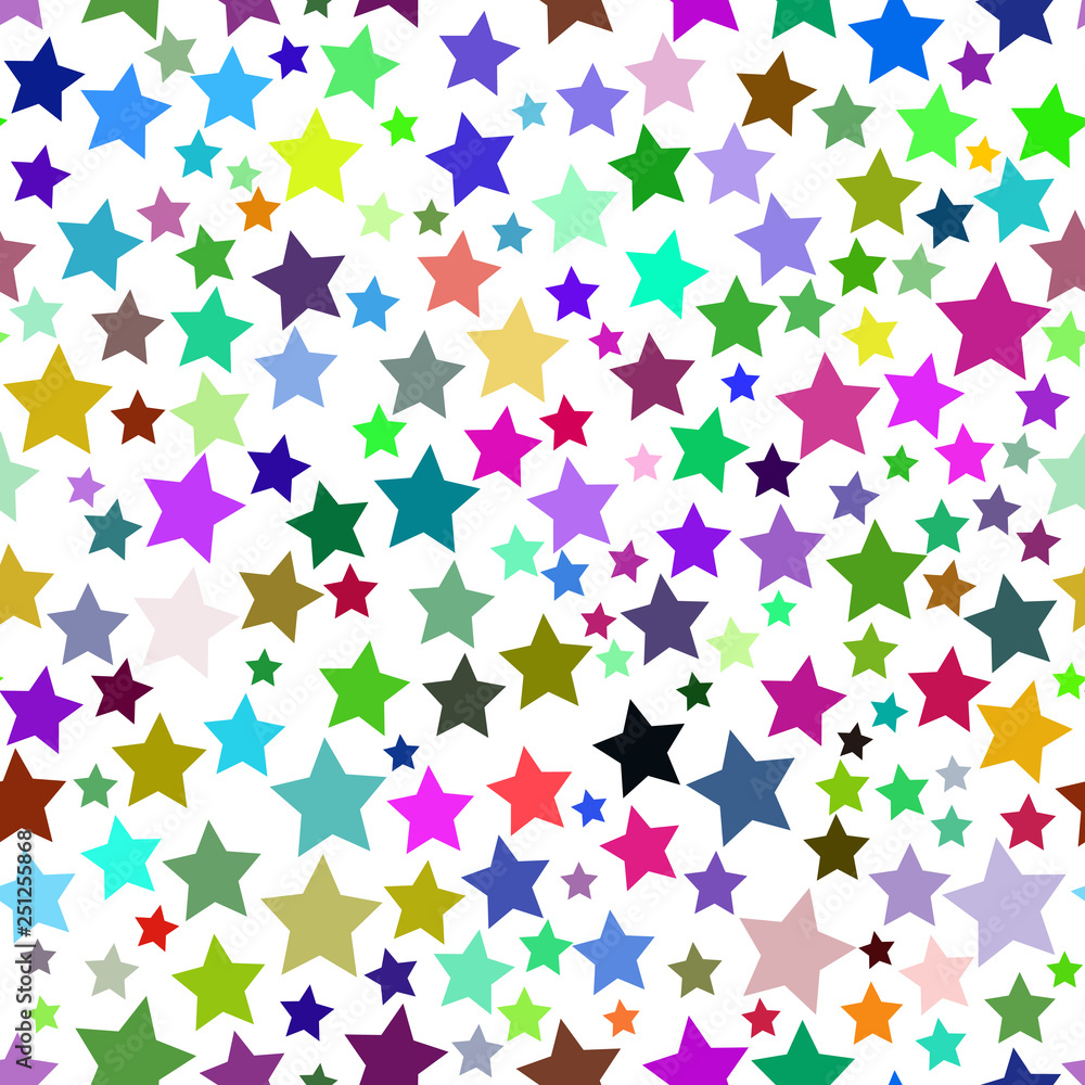 Abstract seamless pattern of stars of different sizes in various colors