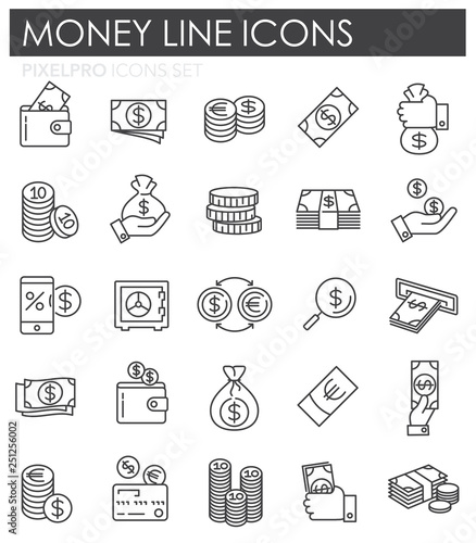 Money line icons set on white background for graphic and web design, Modern simple vector sign. Internet concept. Trendy symbol for website design web button or mobile app