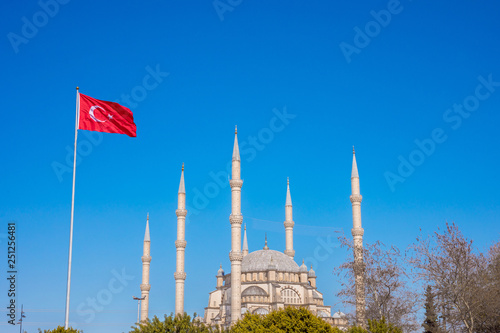 Mosque and Turkish flag. Turkish flag  waving at blue sky with mosque minarets. Turkish islamic republic country. Travel to Turkey. 