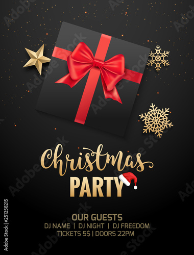Christmas party poster invitation decoration design gift box. Xmas holiday template background with snowflakes