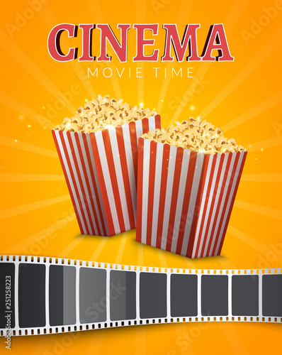 Popcorn bucket isolated. Pop corn box and film stripe for cinema. Delicious salty snack food