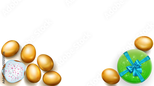 Realistic golden Easter eggs, tasty cake and beautiful gift box with bow on white background