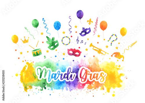 Mardi Gras traditional symbols collection, carnival masks, party decorations. Watercolor splash silhouettes elements for cards, banner. Vector illustration isolated on white background.