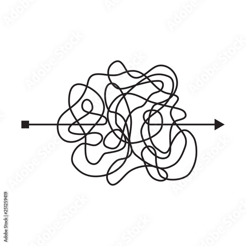 Insane messy black line, complicated clew way. Tangled scribble path. Chaotic difficult proces. template. Vector illustration