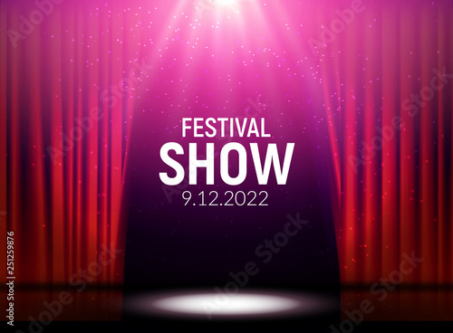 Red curtains theater scene stage backdrop. Vector show background performance concert. Light party design of stage