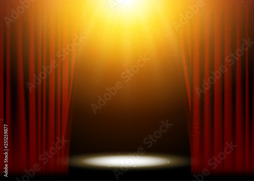 Red curtains theater scene stage backdrop. Vector show background performance concert. Light party design of stage